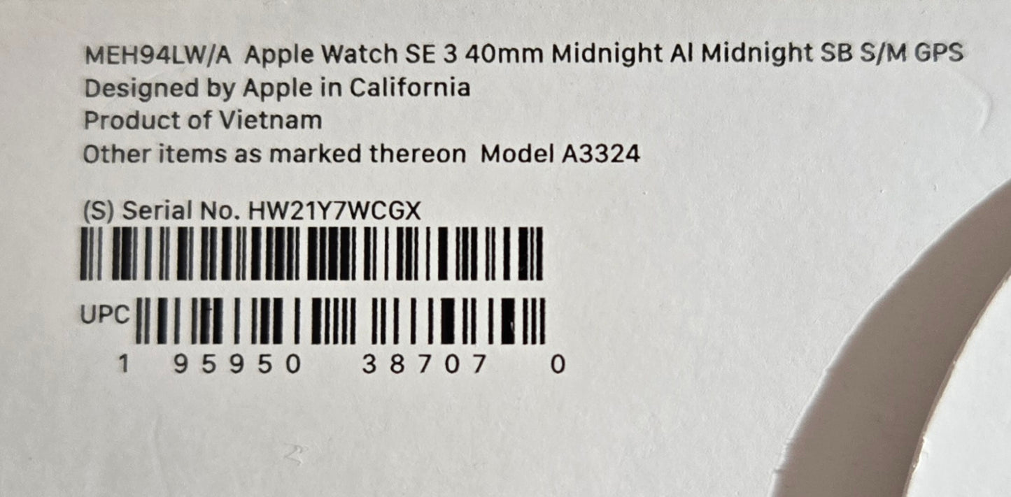 Apple Watch SE3 40mm Midnight Al Midnight SB S/M GPS