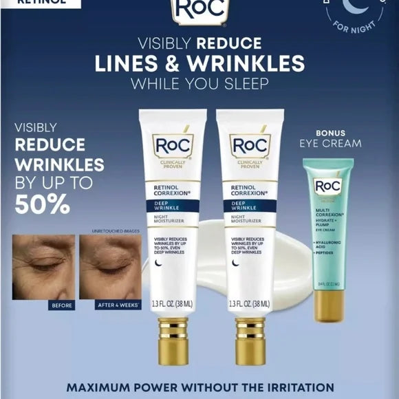 RoC Retinol Correxion Deep Wrinkle Night Moisturizer 2PK x 1.3 oz + Eye Cream COMBO Pack