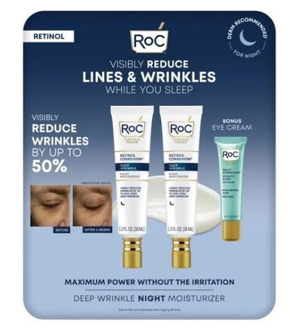 RoC Retinol Correxion Deep Wrinkle Night Moisturizer 2PK x 1.3 oz + Eye Cream COMBO Pack