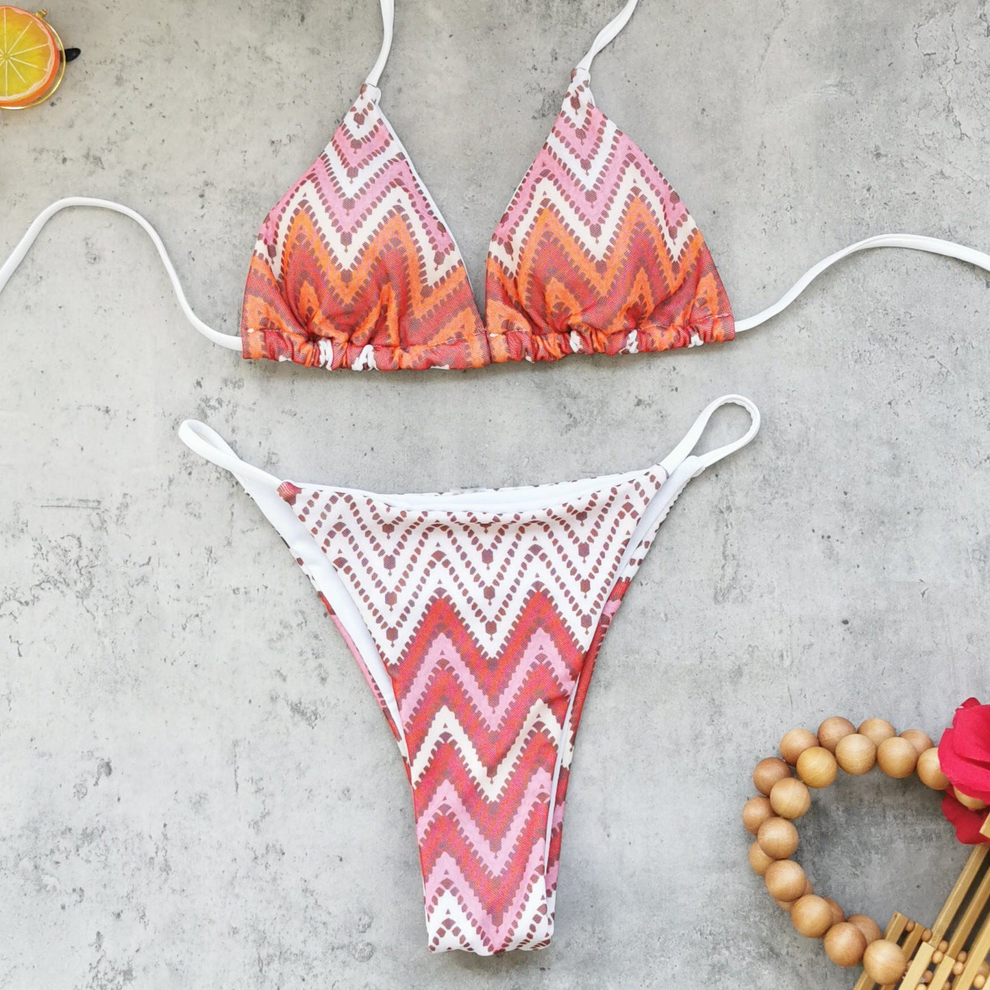 Striped Printed Backless Three Point Bikini Mesh Trousers Split Swimsuit Women
