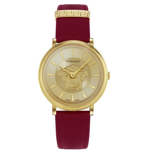 Versace V-Circle Medusa Collection Luxury Women's Watch Timepieces with a Burgundy Strap Featuring a Gold Case and Dial - VE8103821 VERSACE LDS IP