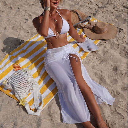 Solid Color Beach Sun Protection Tulle Skirt Three Piece Set Bikini Split Swimsuit