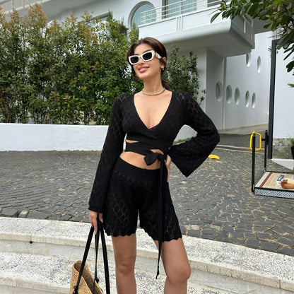 Women Solid Color Waist Beach Bikini Swimsuit Blouse Sun Proof Set